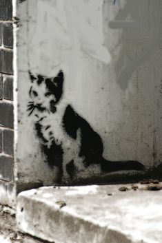 a black and white cat sitting in front of a brick wall with graffiti on it