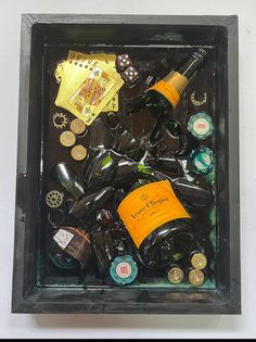 a box filled with lots of different types of bottles