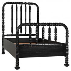 a black bed frame with wooden posts and an open drawer underneath the headboard is shown