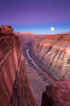 the moon shines brightly in the sky over a canyon and river below, as seen from an overlook point