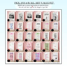 a pink wall with many different types of cards on it and the words pick any 6 wal