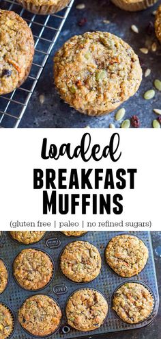 baked breakfast muffins on a cooling rack with the words loaded in black and white