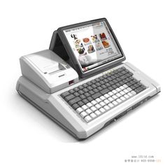 a laptop computer sitting on top of a white desk with a scanner attached to it