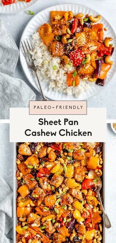 sheet pan cashew chicken on a plate with rice and vegetables in the background text overlay reads pale - friendly sheet pan cashew chicken