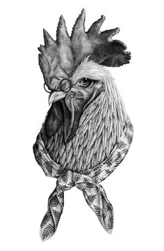 a black and white drawing of a rooster wearing a bandanna around its neck with leaves on it's head