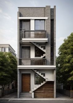 an apartment building with stairs leading up to the second floor and two stories above it