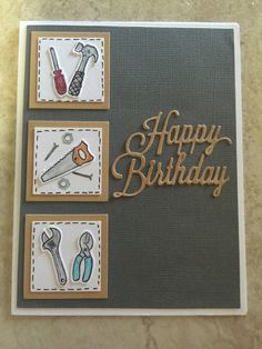 a happy birthday card with some tools on the front and two small cards in the back