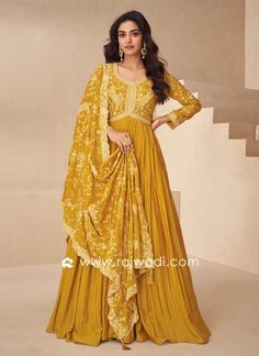 Mustard Yellow Chinon Silk Anarkali Dress With Dupatta... Long Kurtis, Designer Kurtis, Designer Gowns, Western Dresses