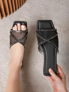 Black  Collar     Embellished   Women Shoes Vintage Leather Sandals, Trendy Slippers, Stylish School Bags, Women Flat Sandals, Mesh Flats, Boots For Short Women, Fancy Shoes, Girly Shoes