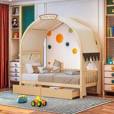 a child's bedroom with an arch shaped bed