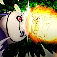 two anime characters face each other in front of green foliage and fireballing eyes