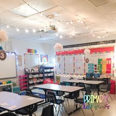 an empty classroom with desks and chairs