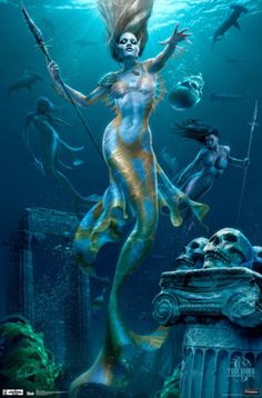 a mermaid in the ocean with skulls and bones on her back, holding a staff