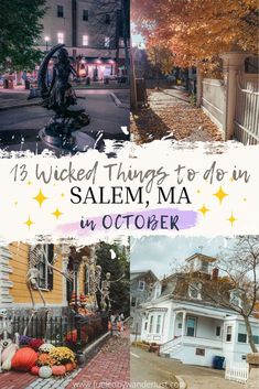 Bewitched statue, orange leaves on the sidewalk, fall decor on historic home, Hocus Pocus House Halloween Travel, Fall Road Trip