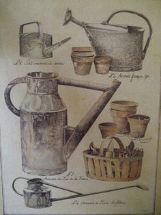 an old drawing of various pots and pans, including a watering can with a shovel