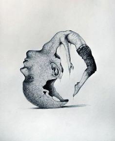 a pencil drawing of a man falling off his head into the air with one hand