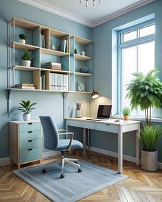 a home office with blue walls and wooden flooring is pictured in this image, there are bookshelves on either side of the desk