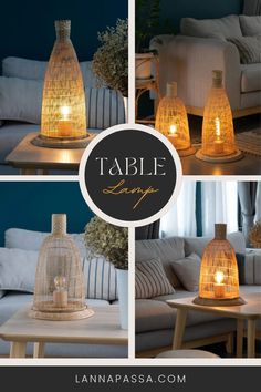 the table lamp is made out of wicker and has a candle in it,