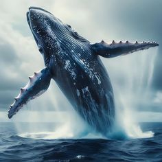 a humpback whale is jumping out of the water in front of dark clouds