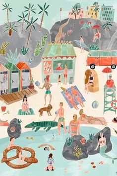 an illustration of people at the beach and in the water