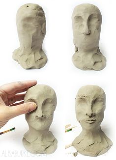 a person is making clay sculptures with their fingers and thumb on the top part of the head