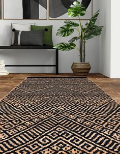 a black and white area rug in front of a shelf with two green plants on it