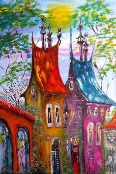 a painting of colorful houses with trees in the background