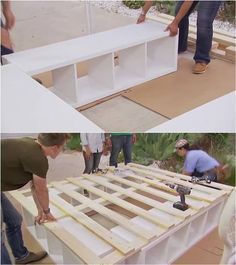 two pictures showing the process of building a table