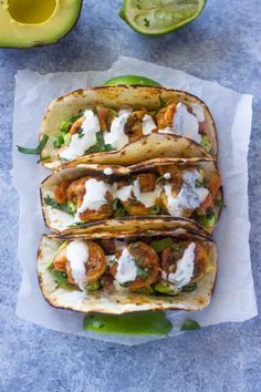 Spicy Shrimp Tacos with Avocado Salsa & Sour Cream Cilantro Sauce @gimmedelicious Tacos With Avocado, Spicy Shrimp Tacos, Cilantro Sauce, Avocado Salsa, Spicy Shrimp, Shrimp Tacos, Shrimp Dishes, Mango Salsa, Taco Recipes