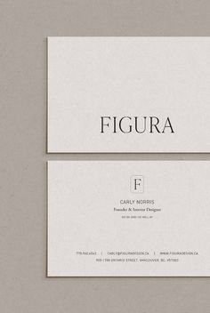 two business cards with the word figura printed on one side and the letter f on the other