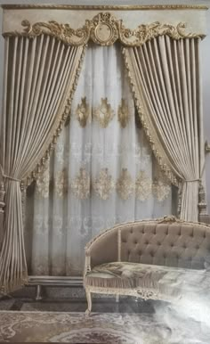 an ornate bedroom with white curtains and gold furniture