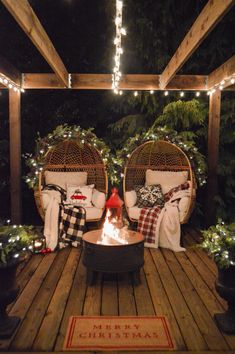 Outdoor Christmas Decorating, Wood Deck, Pergola, Egg Chair, Firepit, Holiday Greenery, Garland, Urn Planter, Lanterns, Twinkle Lights, Home Decor, Pillows, Plaid Throw Blanket, Coir Door Mat, Merry Christmas Christmas Decor Inspiration, Christmas Porch Decor, Christmas Feeling, Christmas Inspo, Christmas Garden, Christmas Room, Christmas Porch, Christmas Mood, Christmas House