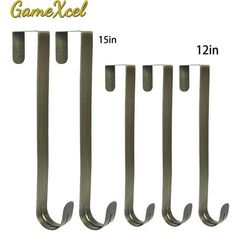 four metal hooks are shown with the measurements for each hook in this image, and one is