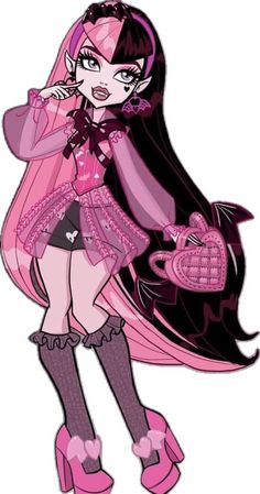 a drawing of a girl with long hair and pink shoes, holding a heart shaped purse