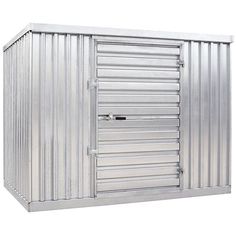 the side view of a metal storage shed with doors open and closed on an isolated white background