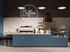 an empty coffee shop with blue and white striped counter top, chairs, and neon sign