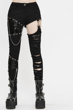 * Made from COTTON 95% SPANDEX5% * Black Punk pants with a hollow-out detail and hanging chains decorations * You can partner these pants with a Gothic crop top and boots Asymmetric Pants, Chain Pants, Celana Fashion, Alt Clothes, Clothing Design Sketches, Punk Outfits, Alt Fashion, Womens Pants, Gothic Outfits