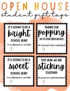 the open house student gift tags are shown in black and white with orange watercolor paint