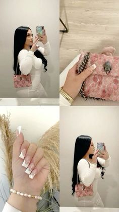 a woman taking a selfie with her cell phone in four different pictures, including a pink and white dress