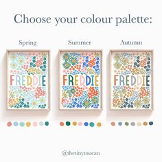 three framed art pieces with the words choose your color palette and spring, summer, and autumn