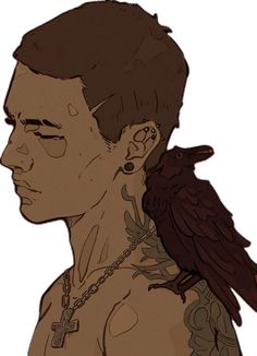 a drawing of a man with tattoos and a bird on his shoulder next to him