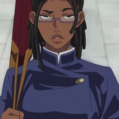 an anime character with dreadlocks and glasses holding a red object in her hand