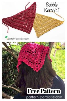 crocheted triangle hat with text that says, free pattern