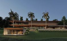 an artist's rendering of a modern house with palm trees in the foreground