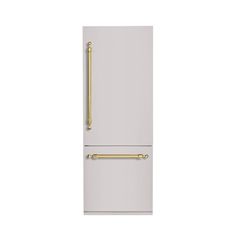 a white refrigerator freezer sitting next to a gold handle on it's door