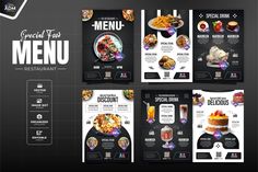 a set of brochures with different food items on it, including salads and drinks