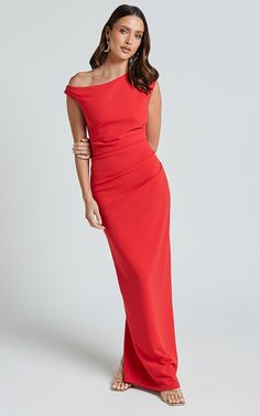 Genie Maxi Dress - Off The Shoulder Dress in Red | Showpo USA Elegant Draped Red Carpet Dress, Red Pre-draped Maxi Dress, Elegant Red Draped Maxi Dress, Holiday Formal Ruched Dresses, Elegant Dresses For Red Carpet And Gala, Red Pre-draped Maxi Dress For Evening, Pre-draped Red Maxi Dress For Evening, Elegant Red Carpet Holiday Dresses, Elegant Red Carpet Dresses For Prom Season