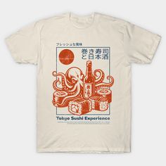 Japanese sushi design with octopus - vintage style for foodies -- Choose from our vast selection of Crewneck and V-Neck T-Shirts to match with your favorite design to make the perfect graphic T-Shirt. Pick your favorite: Classic, Boxy, Tri-Blend, V-Neck, or Premium. Customize your color! For men and women. Graphic Tshirt Design Art, Japanese Tshirt Design, Tokyo Sushi, Vintage Tokyo, Art Tees, Sushi Design, Japanese Shirt, Japanese Tshirt, Food Shirt