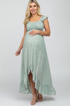 A comfortable & casual maternity dress perfect for any day!  A floral maternity maxi dress with a sweetheart neckline, a smocked bodice, flutter accent sleeves, and a hi-low hemline. The Sage Floral Smocked Hi-Low Maternity Maxi Dress is perfectly bump-friendly! Summer Baby Shower Dress, Maternity Dresses Casual, Green Maternity Dresses, Cocktail Dress Maternity, Pink Maternity Dress, Casual Maternity Dress, Pink Blush Maternity Dress, Cute Maternity Dresses, Maternity Dresses For Baby Shower