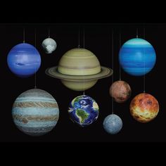 the solar system with eight planets hanging from strings